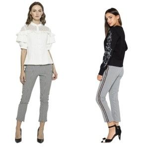 Gracia VALENCIA PANTS size S Black white Houndstooth Print Side Line